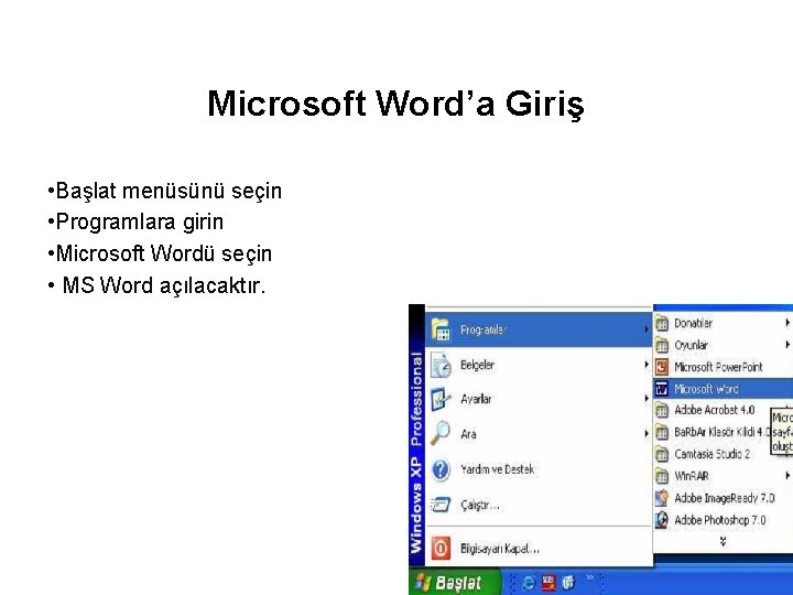 Microsoft Word’a Giriş • Başlat menüsünü seçin • Programlara girin • Microsoft Wordü seçin