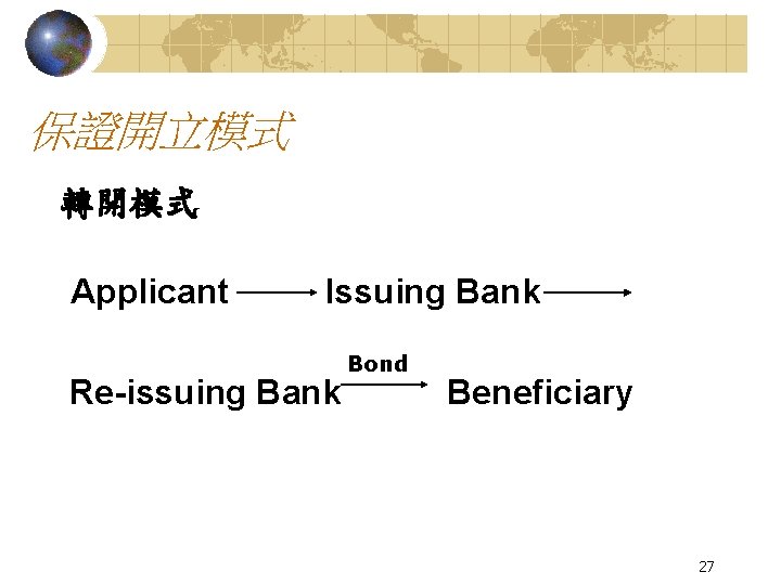 保證開立模式 轉開模式 Applicant Issuing Bank Re-issuing Bank Bond Beneficiary 27 