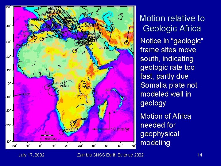 Motion relative to Geologic Africa Notice in “geologic” frame sites move south, indicating geologic