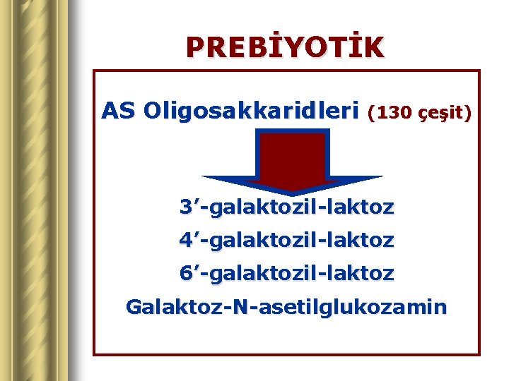 PREBİYOTİK AS Oligosakkaridleri (130 çeşit) 3’-galaktozil-laktoz 4’-galaktozil-laktoz 6’-galaktozil-laktoz Galaktoz-N-asetilglukozamin 