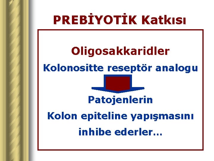 PREBİYOTİK Katkısı Oligosakkaridler Kolonositte reseptör analogu Patojenlerin Kolon epiteline yapışmasını inhibe ederler… 