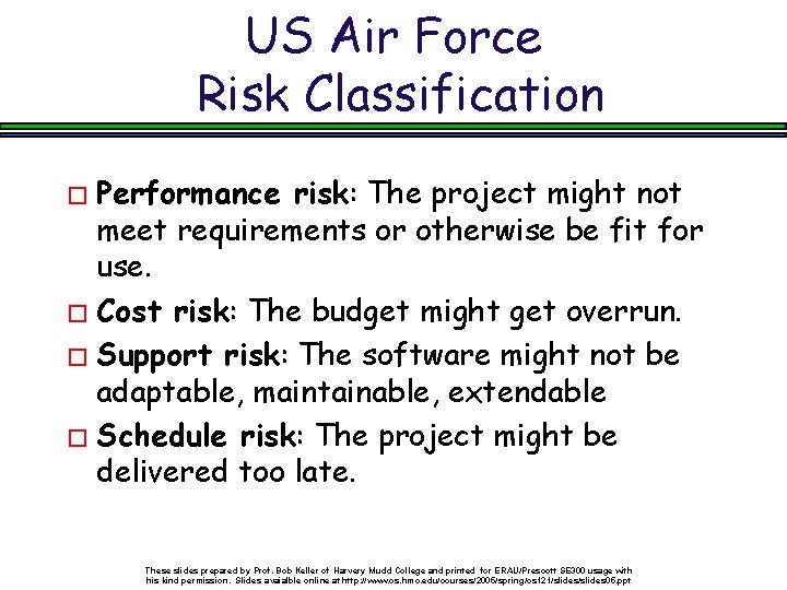 US Air Force Risk Classification � Performance risk: The project might not meet requirements