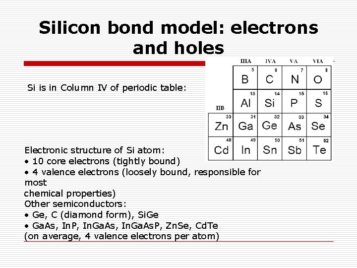 Silicon bond model: electrons and holes Si is in Column IV of periodic table: