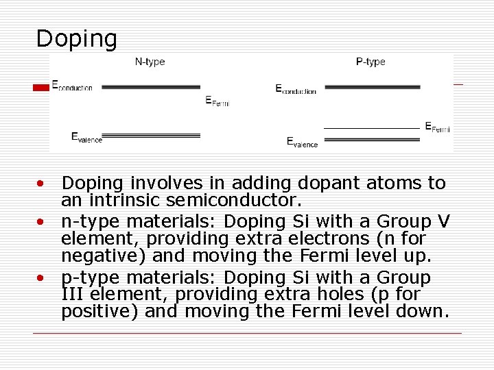 Doping • Doping involves in adding dopant atoms to an intrinsic semiconductor. • n-type