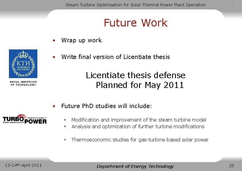 Steam Turbine Optimisation for Solar Thermal Power Plant Operation Future Work • Wrap up