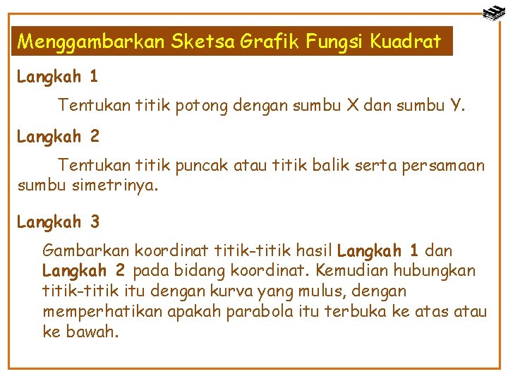 Menggambarkan Sketsa Grafik Fungsi Kuadrat Langkah 1 Tentukan titik potong dengan sumbu X dan