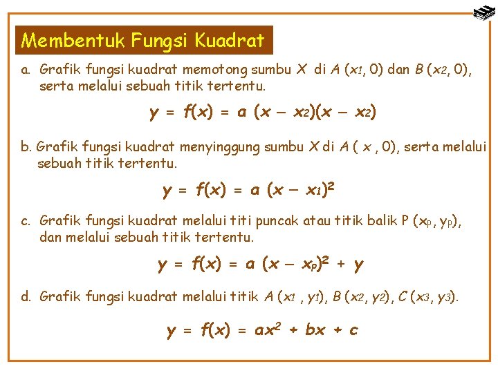 Membentuk Fungsi Kuadrat a. Grafik fungsi kuadrat memotong sumbu X di A (x 1,