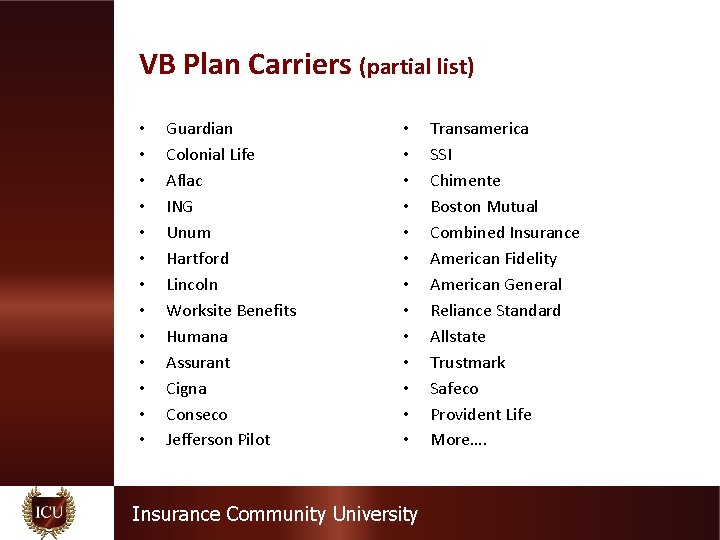 VB Plan Carriers (partial list) • • • • Guardian Colonial Life Aflac ING