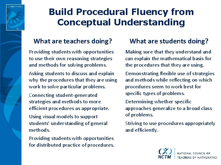 Build Procedural Fluency from Conceptual Understanding What are teachers doing? What are students doing?