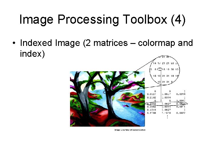 Image Processing Toolbox (4) • Indexed Image (2 matrices – colormap and index) 