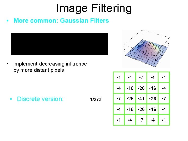 Image Filtering • More common: Gaussian Filters • implement decreasing influence by more distant