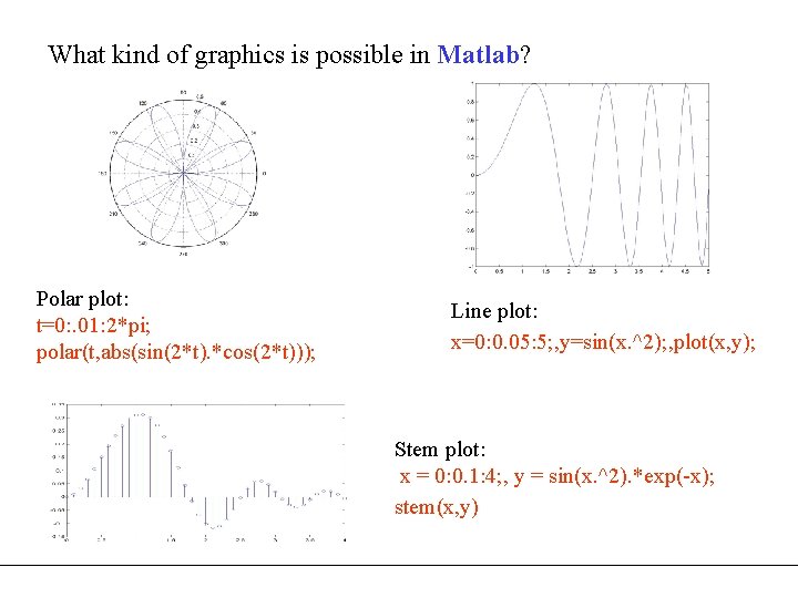 What kind of graphics is possible in Matlab? Polar plot: t=0: . 01: 2*pi;