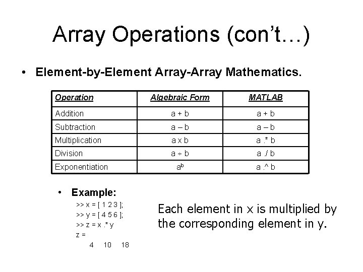 Array Operations (con’t…) • Element-by-Element Array-Array Mathematics. Operation Algebraic Form MATLAB Addition a +