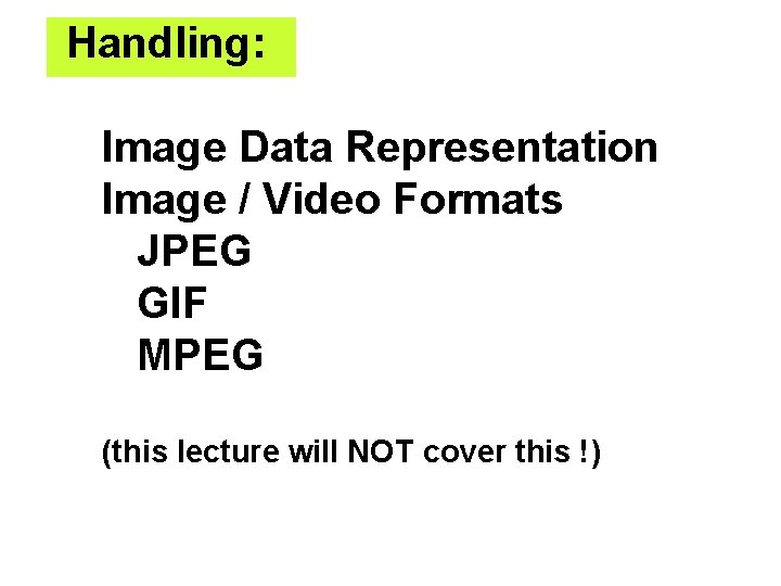 Handling: • Image Data Representation • Image / Video Formats • JPEG • GIF
