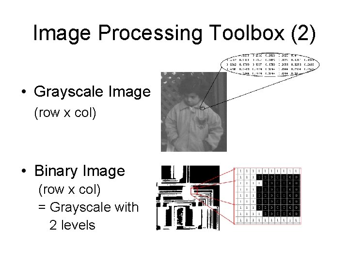 Image Processing Toolbox (2) • Grayscale Image (row x col) • Binary Image (row