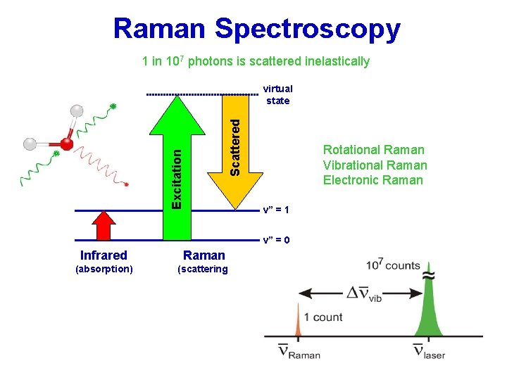 Raman Spectroscopy 1 in 107 photons is scattered inelastically Scattered Excitation virtual state Rotational