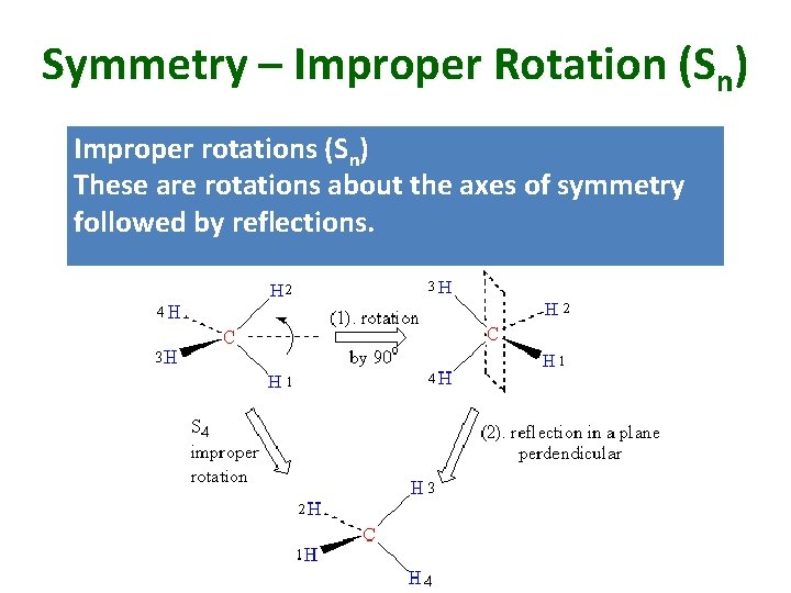 Symmetry – Improper Rotation (Sn) Improper rotations (Sn) These are rotations about the axes