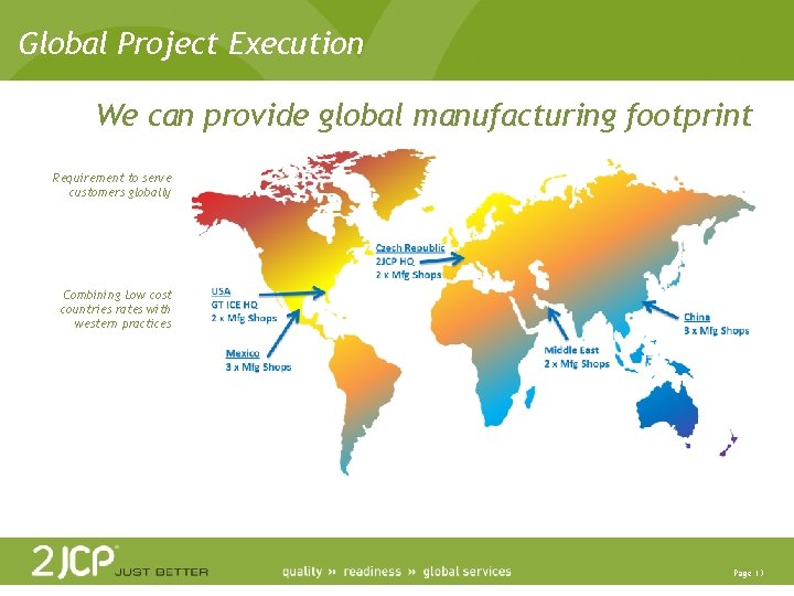 Global Project Execution We can provide global manufacturing footprint Requirement to serve customers globally