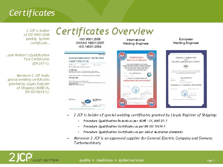 Certificates 2 JCP is holder of ISO 9001: 2008 quality System certificate… Certificates Overview