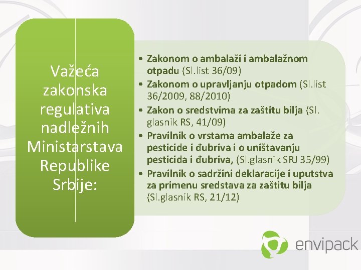 Važeća zakonska regulativa nadležnih Ministarstava Republike Srbije: • Zakonom o ambalaži i ambalažnom otpadu