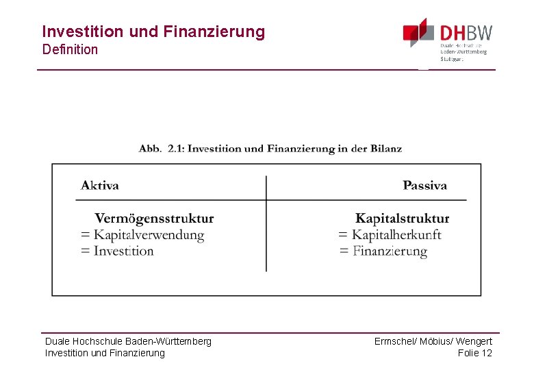 Investition und Finanzierung Definition Duale Hochschule Baden-Württemberg Investition und Finanzierung Ermschel/ Möbius/ Wengert Folie