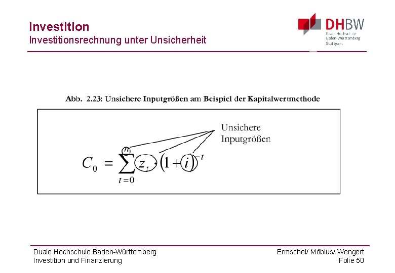 Investitionsrechnung unter Unsicherheit Duale Hochschule Baden-Württemberg Investition und Finanzierung Ermschel/ Möbius/ Wengert Folie 50