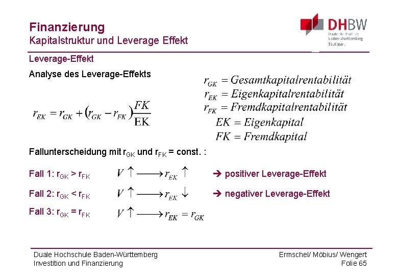 Finanzierung Kapitalstruktur und Leverage Effekt Leverage-Effekt Analyse des Leverage-Effekts Fallunterscheidung mit r. GK und