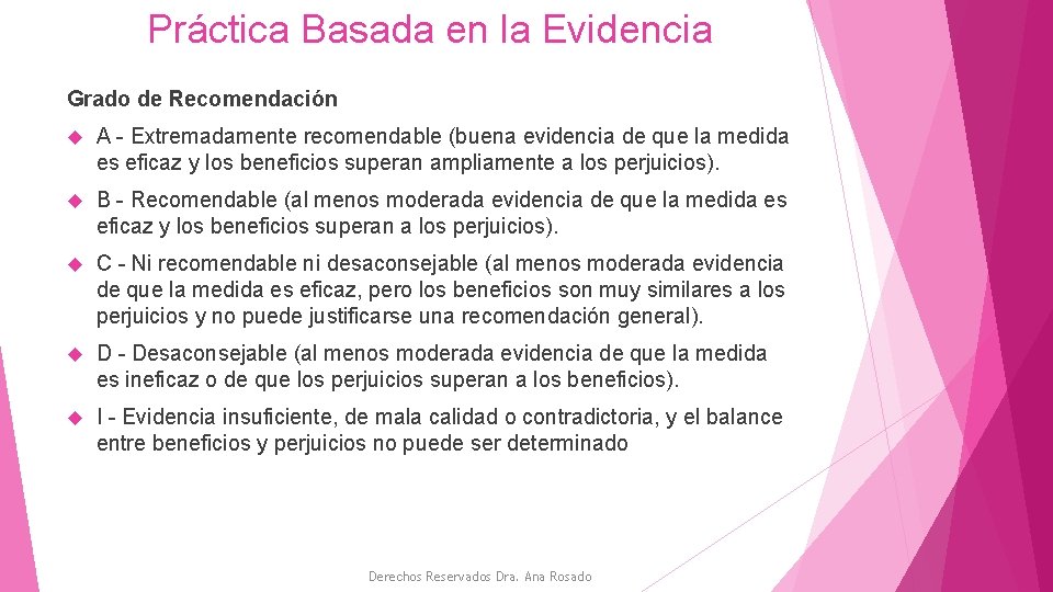 Práctica Basada en la Evidencia Grado de Recomendación A - Extremadamente recomendable (buena evidencia
