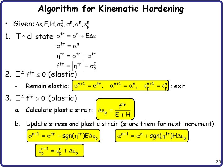 Algorithm for Kinematic Hardening • Given: 1. Trial state 2. If – 3. If