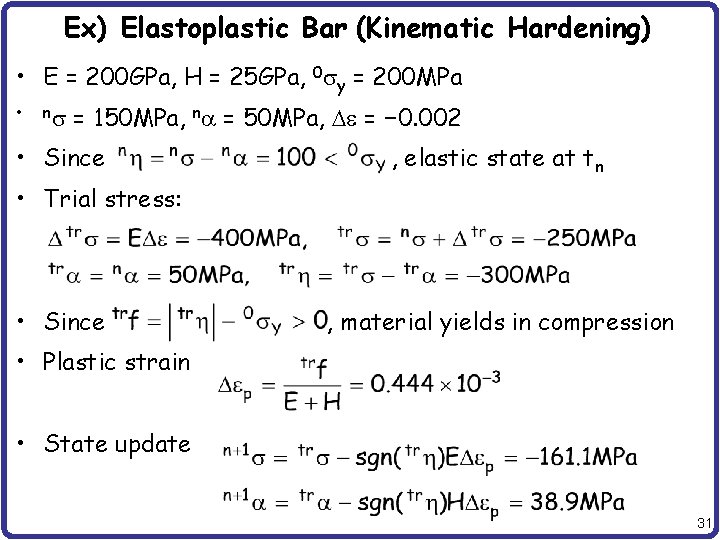 Ex) Elastoplastic Bar (Kinematic Hardening) • E = 200 GPa, H = 25 GPa,