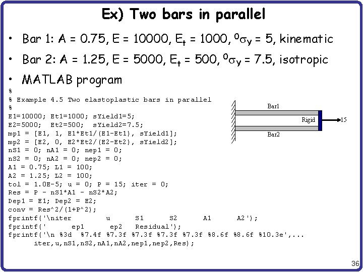 Ex) Two bars in parallel • Bar 1: A = 0. 75, E =