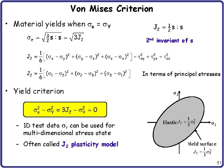 Von Mises Criterion • Material yields when se = s. Y 2 nd invariant