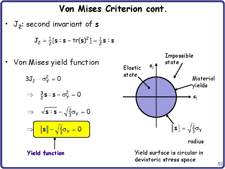 Von Mises Criterion cont. • J 2: second invariant of s • Von Mises