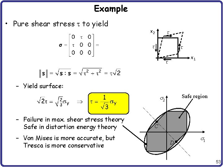 Example • Pure shear stress t to yield x 2 τ τ τ x