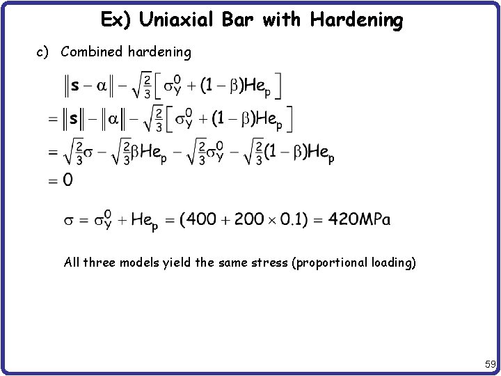 Ex) Uniaxial Bar with Hardening c) Combined hardening All three models yield the same