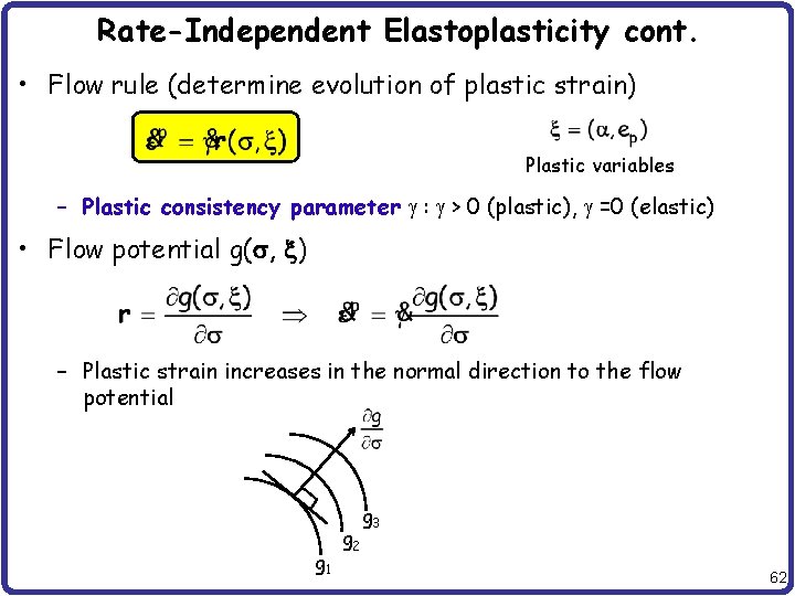 Rate-Independent Elastoplasticity cont. • Flow rule (determine evolution of plastic strain) Plastic variables –