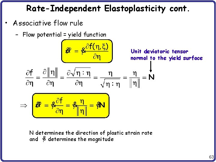 Rate-Independent Elastoplasticity cont. • Associative flow rule – Flow potential = yield function Unit