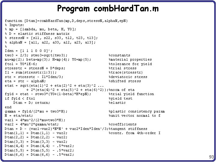 Program comb. Hard. Tan. m function [Dtan]=comb. Hard. Tan(mp, D, deps, stress. N, alpha.