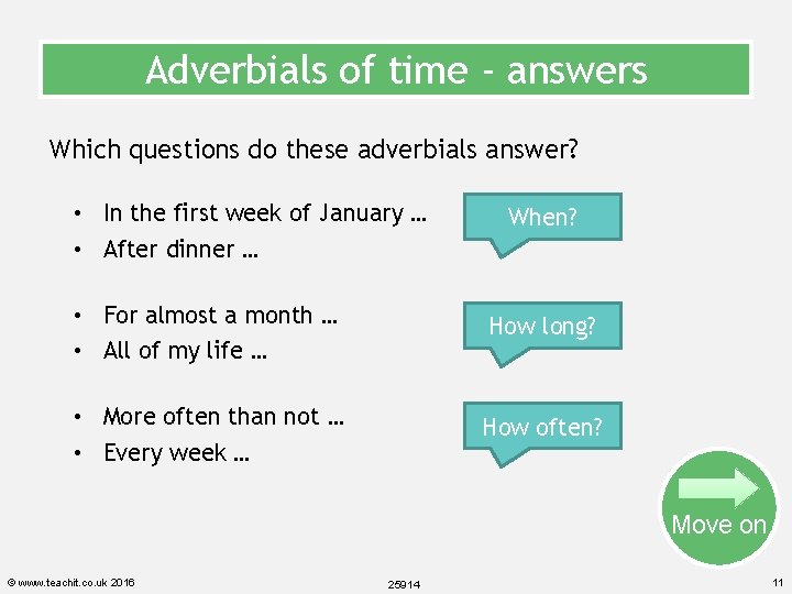 Adverbials of time - answers Which questions do these adverbials answer? • In the