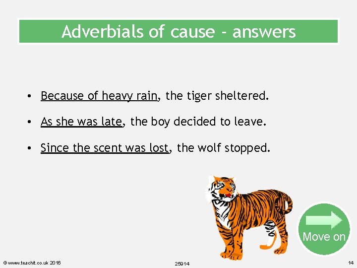 Adverbials of cause - answers • Because of heavy rain, the tiger sheltered. •