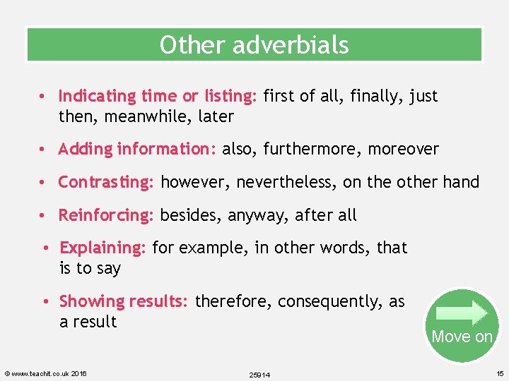 Other adverbials • Indicating time or listing: first of all, finally, just then, meanwhile,