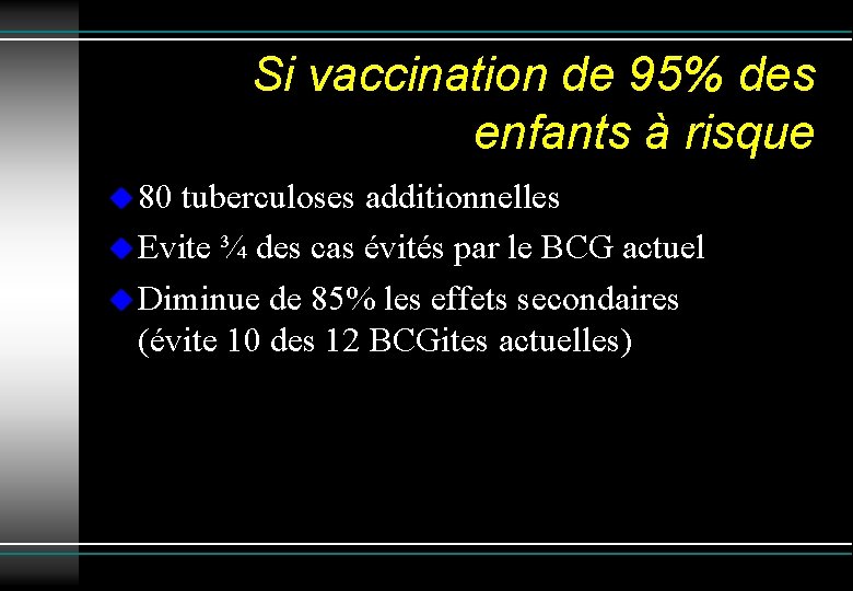 Si vaccination de 95% des enfants à risque 80 tuberculoses additionnelles Evite ¾ des