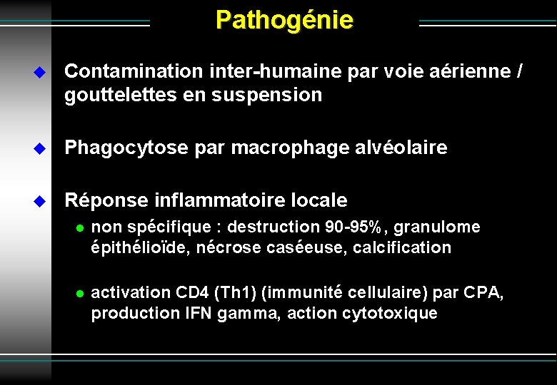 Pathogénie Contamination inter-humaine par voie aérienne / gouttelettes en suspension Phagocytose par macrophage alvéolaire