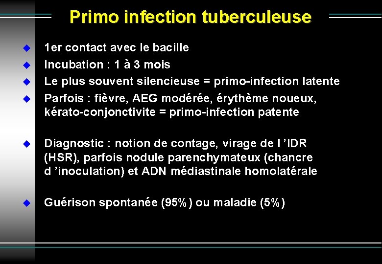 Primo infection tuberculeuse 1 er contact avec le bacille Incubation : 1 à 3