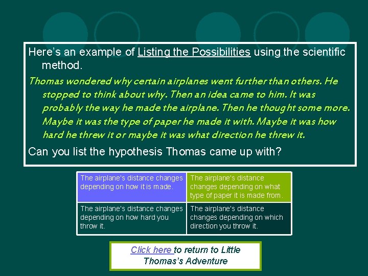 Here’s an example of Listing the Possibilities using the scientific method. Thomas wondered why