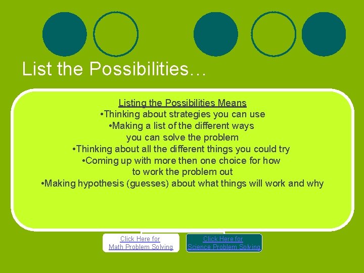 List the Possibilities… Listing the Possibilities Means • Thinking about strategies you can use