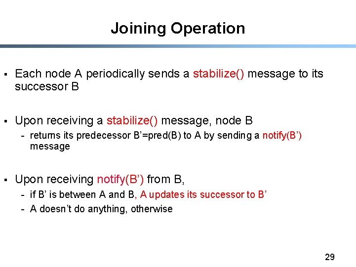 Joining Operation § Each node A periodically sends a stabilize() message to its successor
