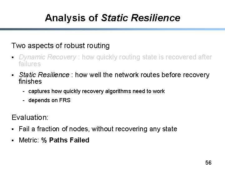 Analysis of Static Resilience Two aspects of robust routing § Dynamic Recovery : how