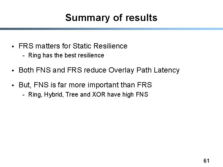 Summary of results § FRS matters for Static Resilience - Ring has the best