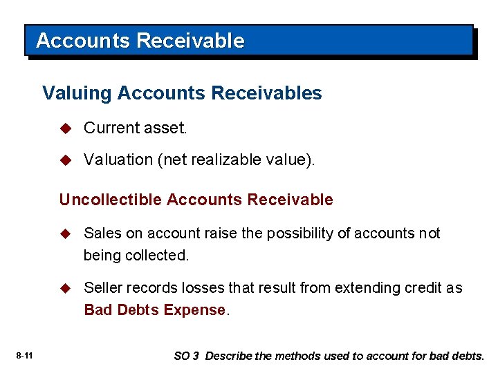 Accounts Receivable Valuing Accounts Receivables u Current asset. u Valuation (net realizable value). Uncollectible